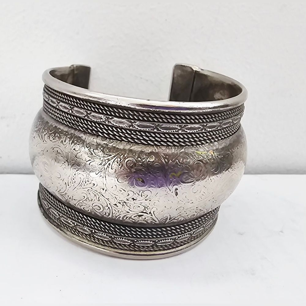 Vintage Silver Plated Wide Etched Engraved Cuff Bracelet
